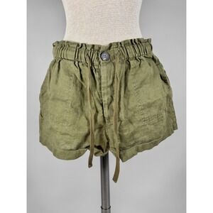 Linen Blend Shorts Womens Medium Olive Green Excellent Paperbag Waist